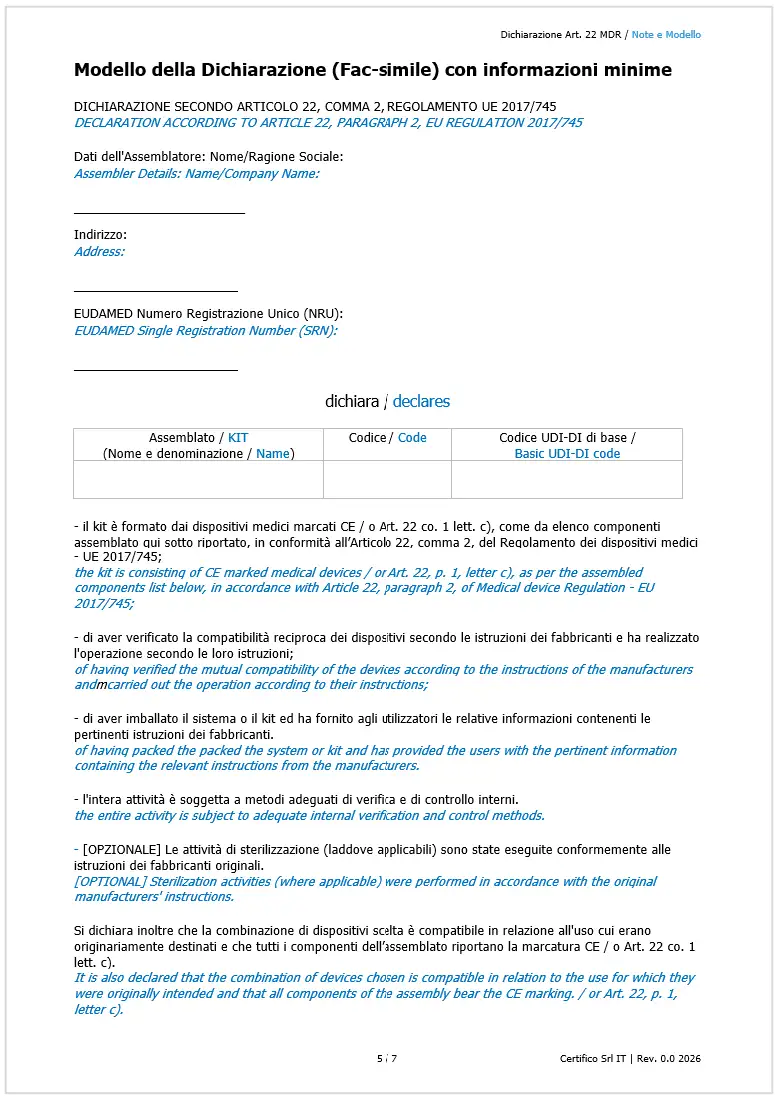 Modello della Dichiarazione (Fac-simile) con informazioni minime: